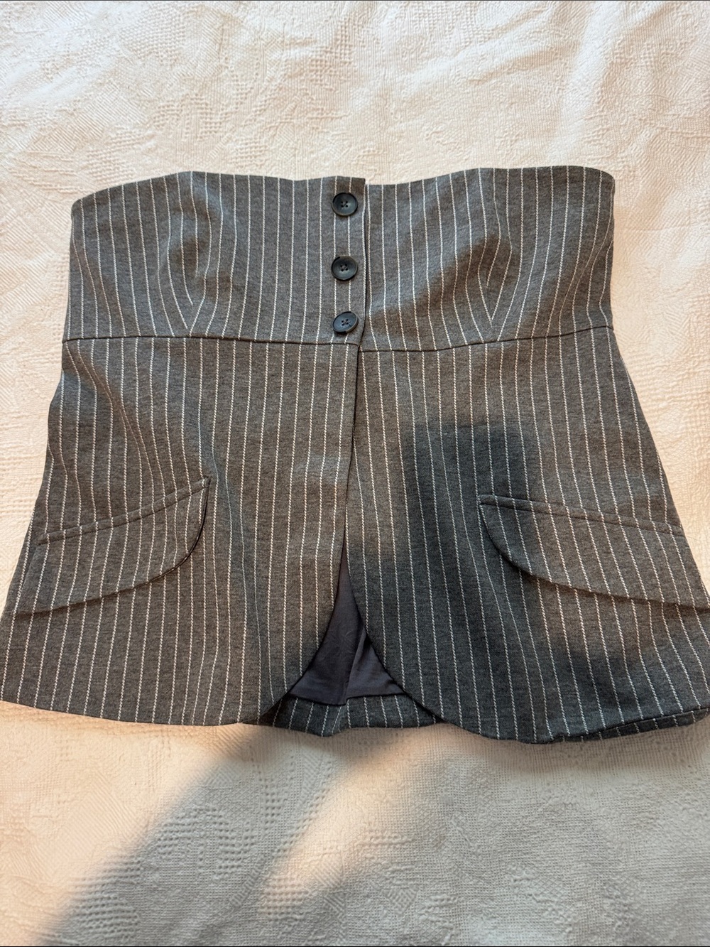 Anthropologie Gray Pinstripe Strapless Blouse